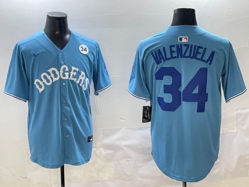 Men Los Angeles Dodgers #34 Valenzuela Light Blue Joint Name 2025 Nike MLB Jersey style 31618